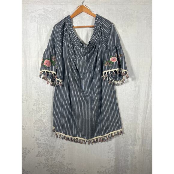 Oddy Shift Dress 3XL NEW Gray White Striped Embroidered Fringe Tassels - Picture 2 of 10
